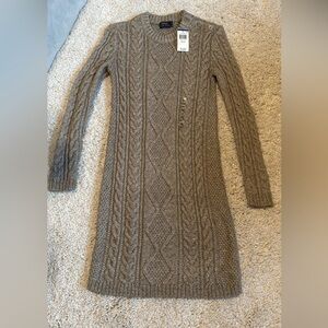 New Polo sweater dress woven cotton xs fits small cream tan midi long sleeve